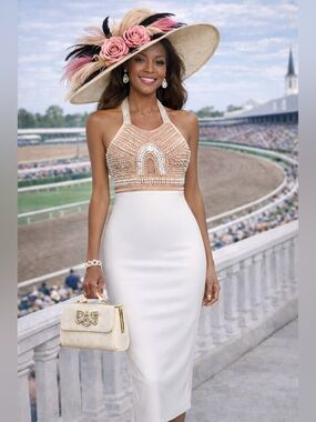 Beaded Halter Bodice White Column Midi Dress